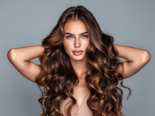 Naklejka premium Attractive glam woman with long wavy hair. Model with curly hairstyle and healthy skin. Beauty, hairstyle, makeup and cosmetics