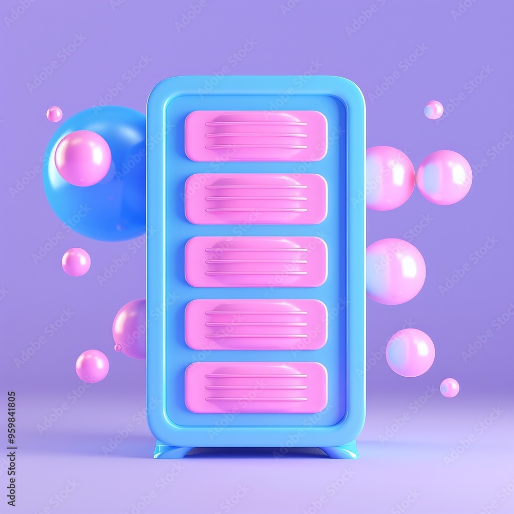 Poster abstract 3d rendering of a blue and pink geometric object with floating spheres against a purple bac