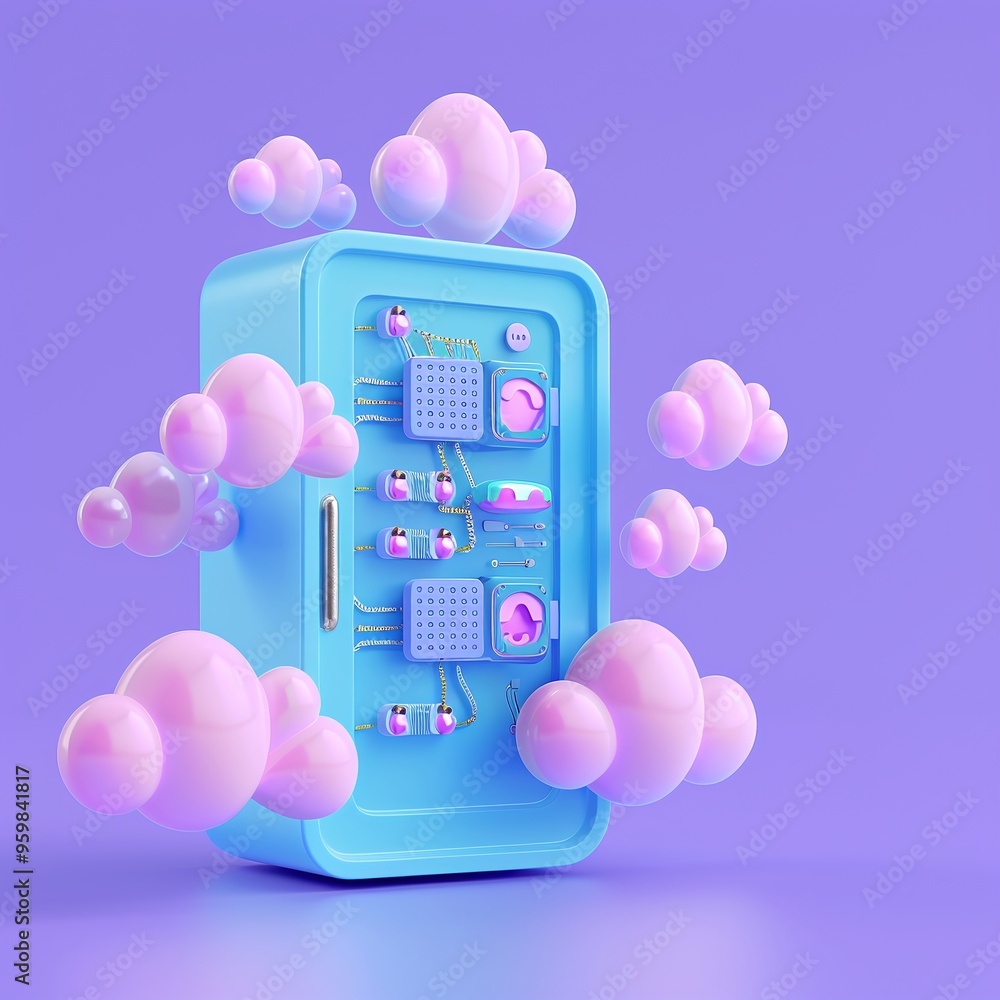 Poster abstract 3d illustration of futuristic technology with floating clouds and vibrant colors, symbolizi