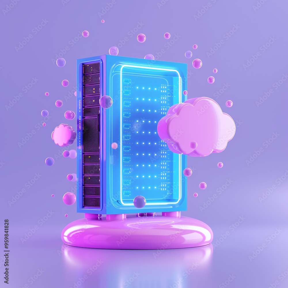 Poster abstract cloud computing concept with neon colors and floating particles, representing modern data s