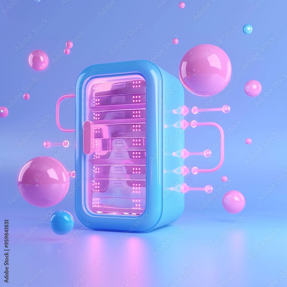 Poster abstract 3d rendering of a futuristic device in blue and pink colors with floating spheres against a