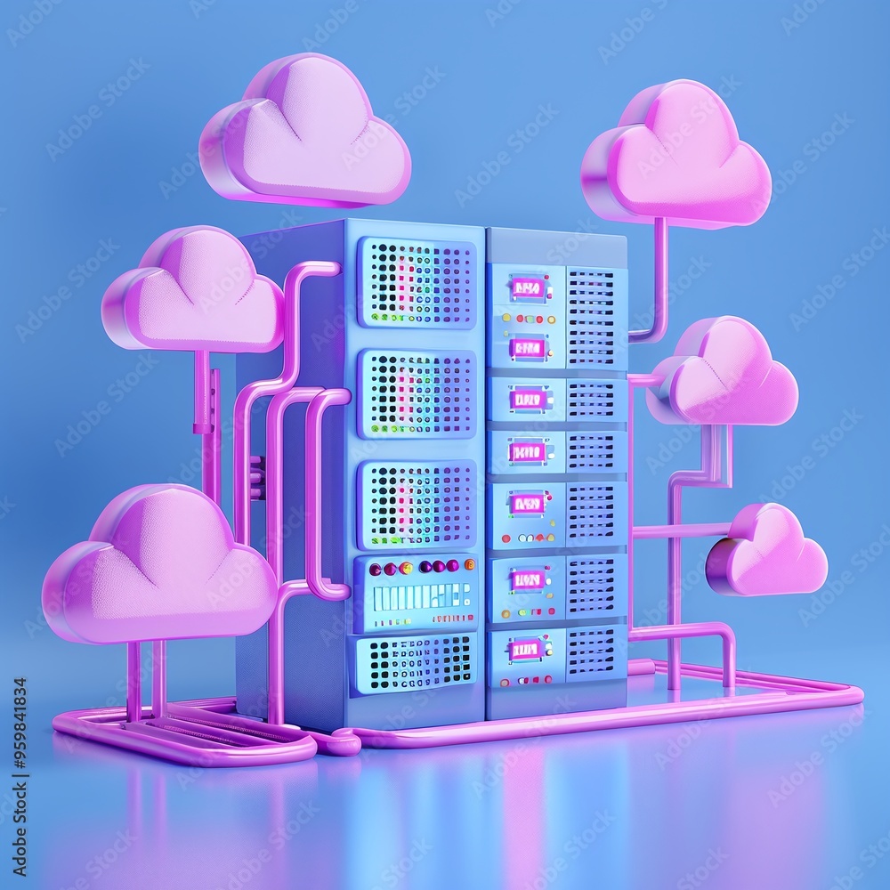 Poster abstract cloud computing concept with server racks and clouds in vibrant colors. modern technology a