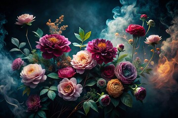 Fototapeta premium Delicate flowers bloom in the depths of velvety darkness, casting an air of mystery and allure, gently drawing