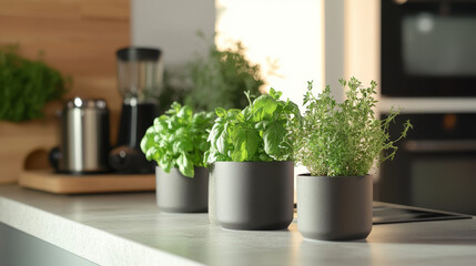 "Various potted herbs arranged in the room, enhancing the interior design."