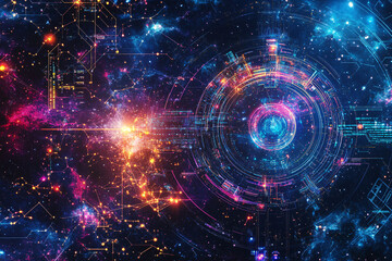 Obraz premium Vibrant space scene with futuristic circular digital design in cosmic nebula highlighting space exploration and technology