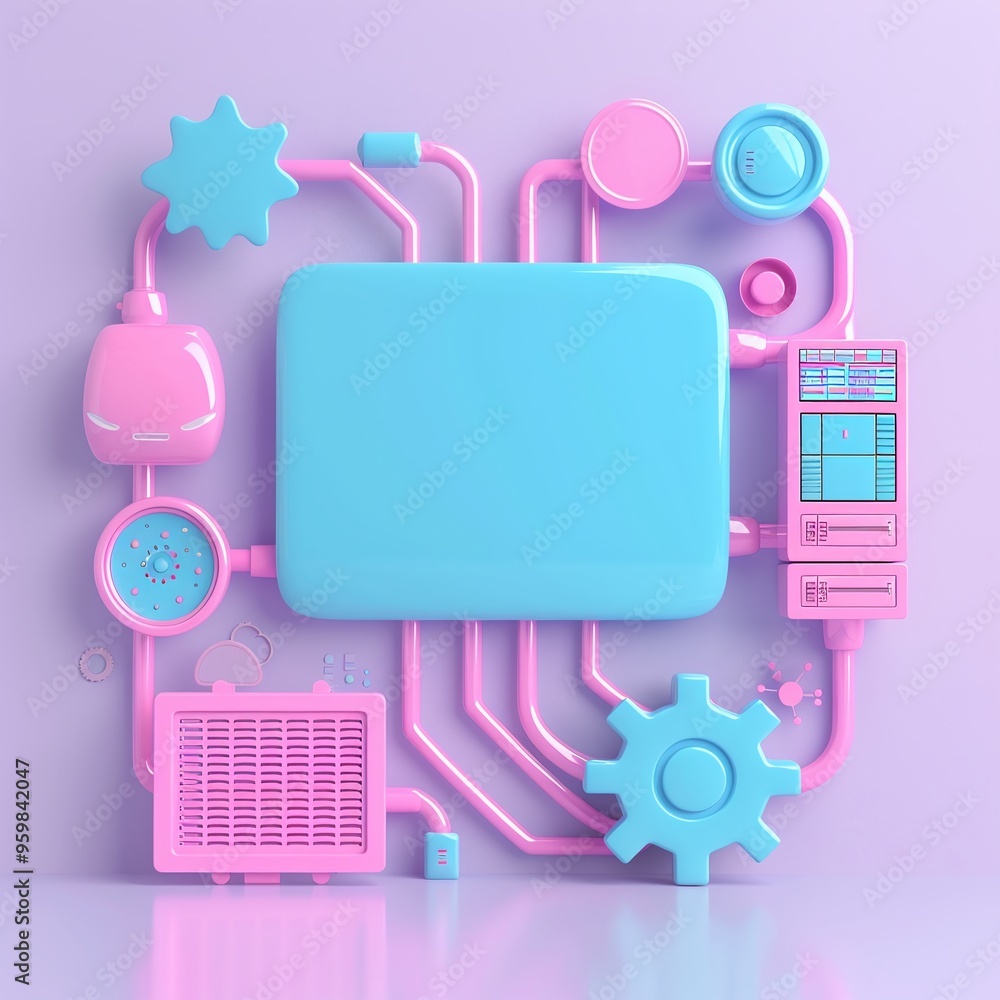 Poster bright pastel-colored 3d illustration of a computer network system with interconnected components an