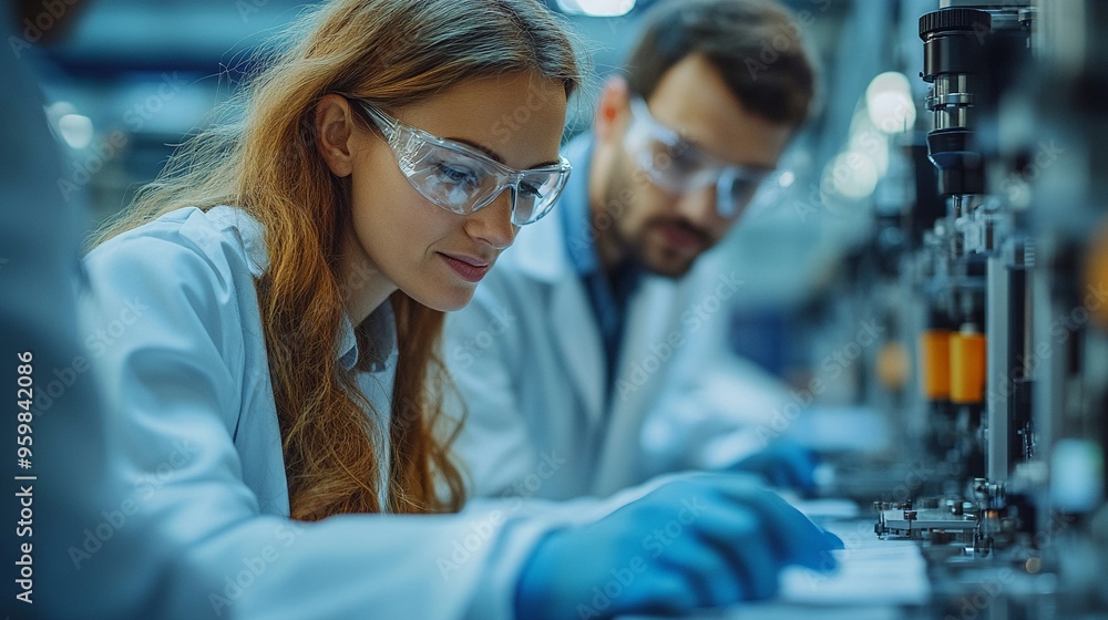 Aufkleber precision engineering: female scientist in a modern laboratory, meticulously analyzing data with rob