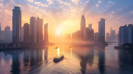 Fototapeta premium Sunrise Over City Skyline with Boat on Water