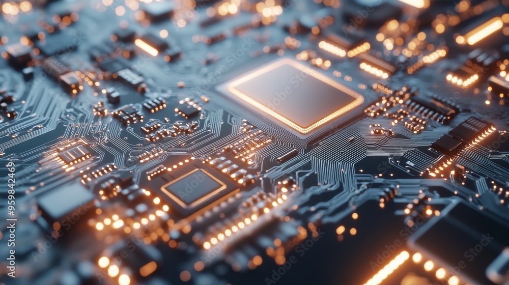 Poster close-up of a modern computer chip with intricate circuitry details, placed on a white background