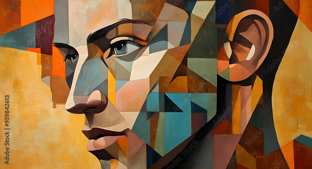 Poster 5. **cubist-inspired portrait with fragmented, angular shapes and a multi-dimensional perspective**