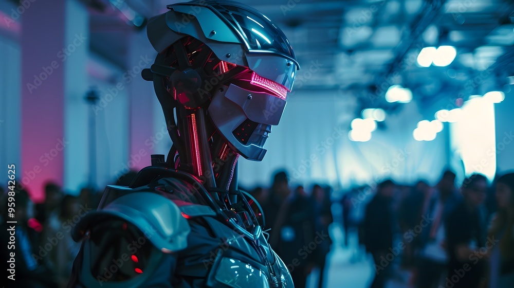 Poster futuristic robot with sleek design in a crowded event space, showcasing advanced technology and inno