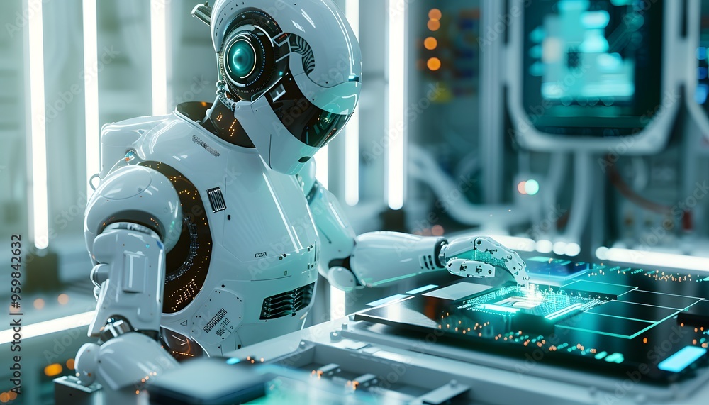 Poster futuristic robot working on a high-tech interface in a modern digital environment filled with glowin