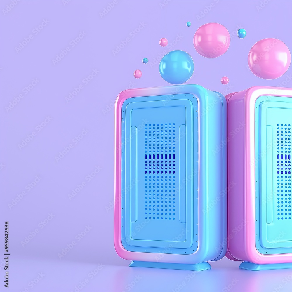 Poster colorful abstract 3d rendering of two retro devices in blue and pink with floating spheres on a purp