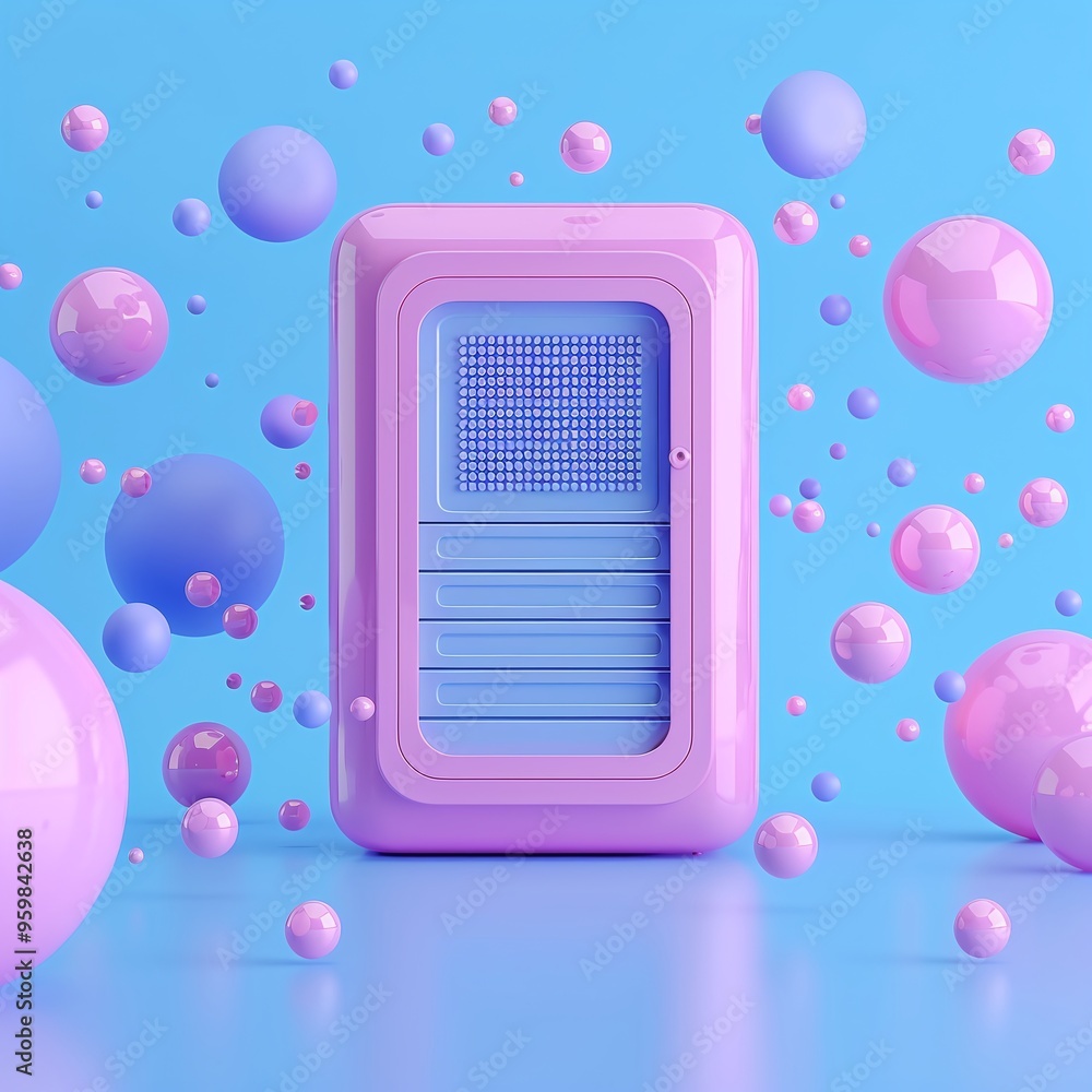 Poster colorful abstract composition with a futuristic box surrounded by floating spheres on a vibrant back