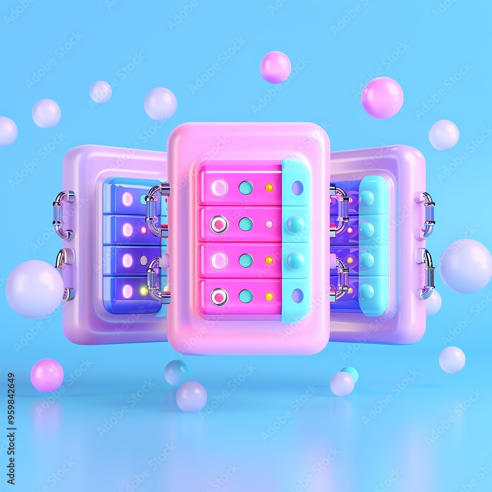 Poster colorful abstract 3d rendering of futuristic device with vibrant lights and floating bubbles on a br