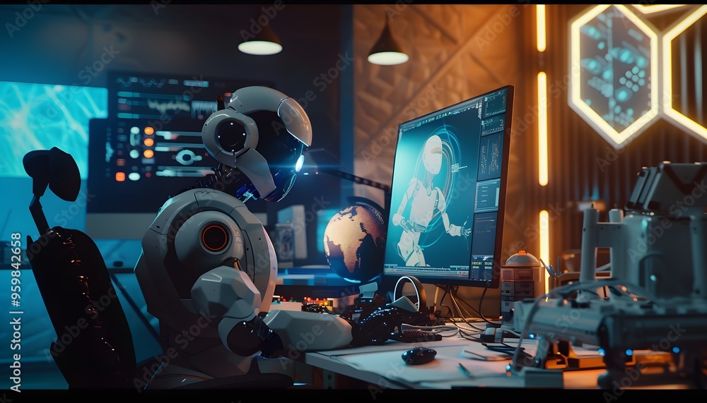 Poster futuristic robot working on a computer in a high-tech environment, showcasing advanced technology an