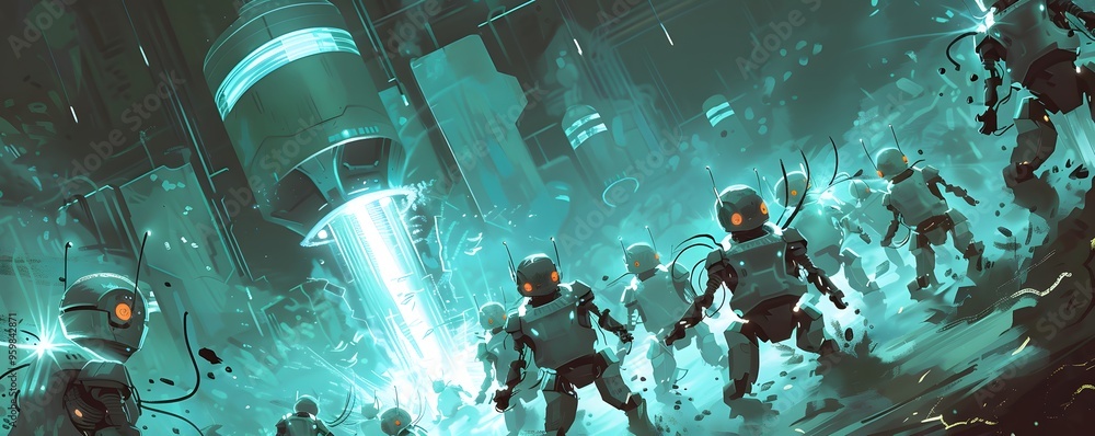 Poster Futuristic scene with small robots in a glowing industrial environment, depicting advanced technology and artificial intelligence.