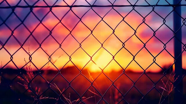 Sunset behind chain link fence, vibrant colors. Freedom and contemplation concept