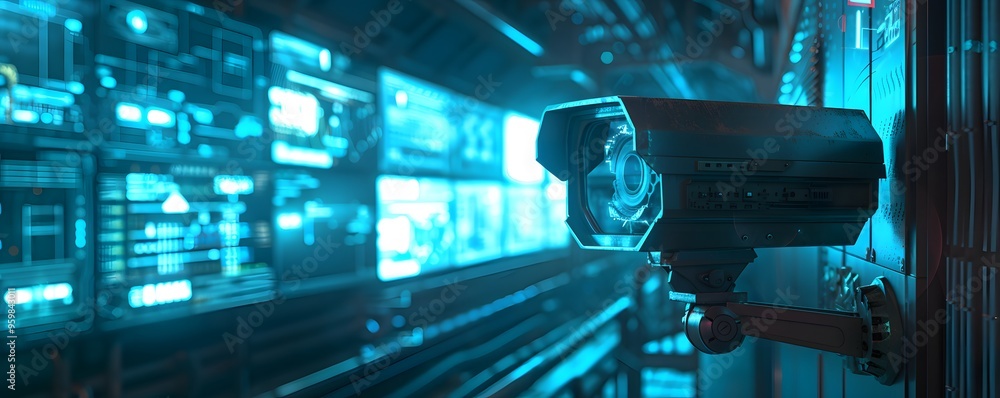 Poster futuristic surveillance camera in a high-tech environment featuring glowing screens and digital inte