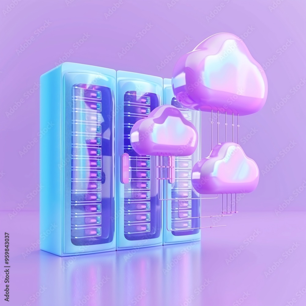 Poster concept of cloud computing with server racks and floating clouds in a futuristic neon purple setting