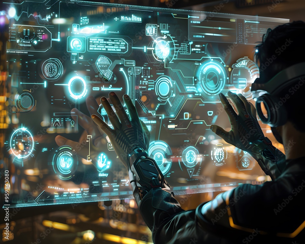 Poster futuristic technology interface with a user interacting through virtual reality in a vibrant urban e