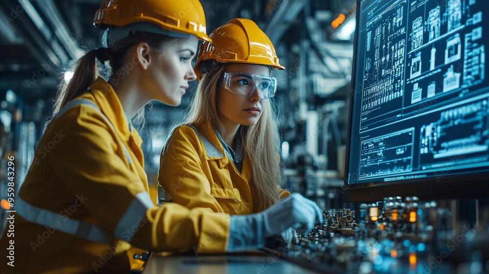 Aufkleber engineering precision: two female engineers in hard hats meticulously monitor data on a digital inte