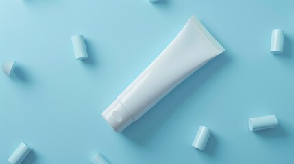 A single white tube lies on a light blue surface surrounded by white caps, creating a simple yet sophisticated composition.