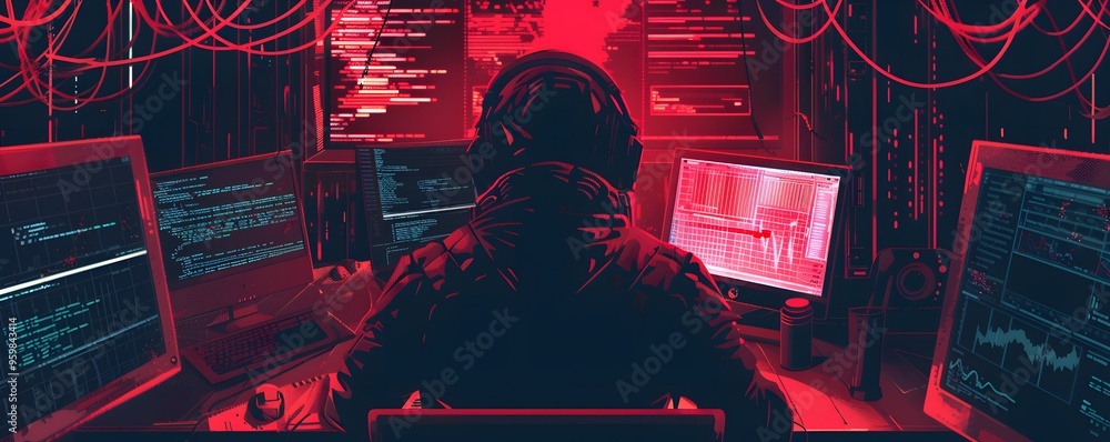 Poster hacker at workstation in dim red lighting, surrounded by multiple monitors and cables, engaged in co