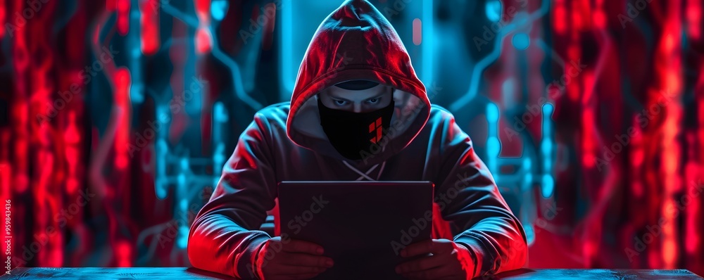 Poster hacker in a dark hoodie working on a tablet, with glowing blue and red digital code in the backgroun