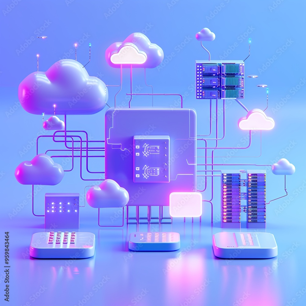 Poster futuristic cloud computing technology concept with servers, storage, and data networking on a blue b