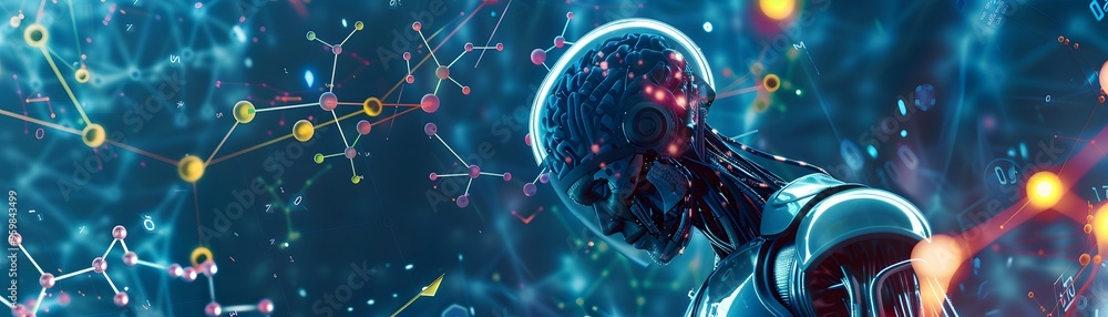 Poster futuristic robot design surrounded by vibrant data patterns and molecular structures, showcasing tec