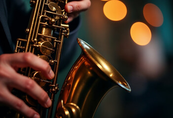 Fototapeta premium Close-up of hands playing a saxophone with bokeh lights in background. 