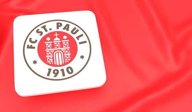 Logo of the German Football Club FC St. Pauli from the city of Hamburg on red flag background with copy space