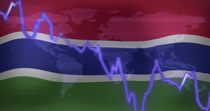 Stock market graph animation over Gambia flag and world map