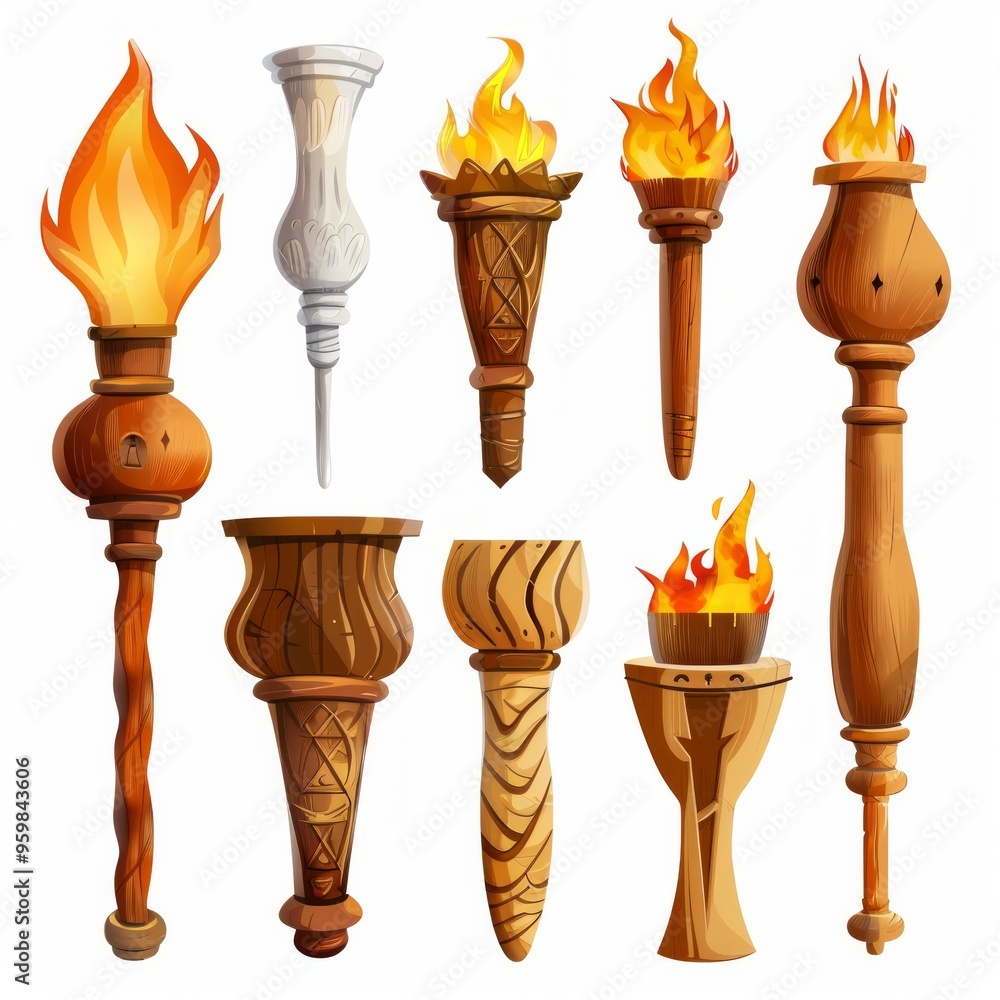 Poster set of different torch with fire on white background