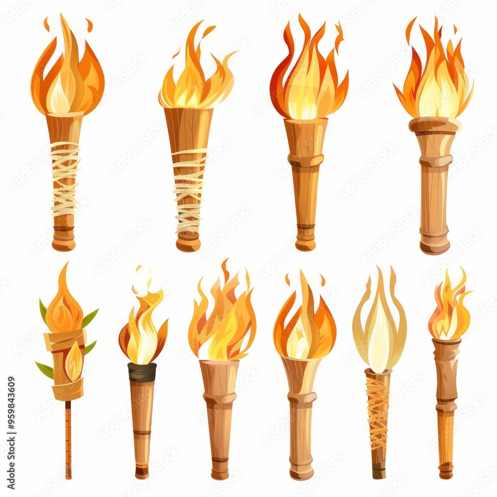 Poster set of different torch with fire on white background