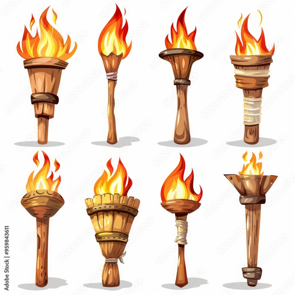 Poster set of different torch with fire on white background