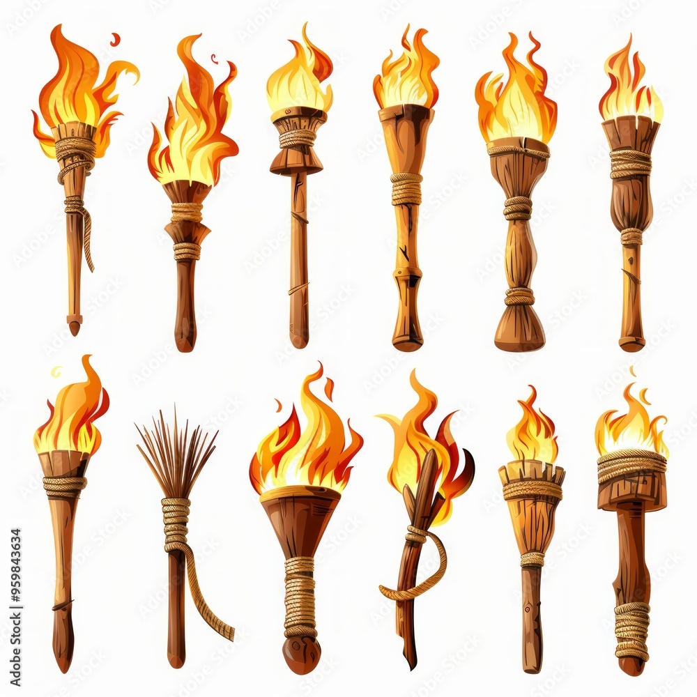 Poster set of different torch with fire on white background