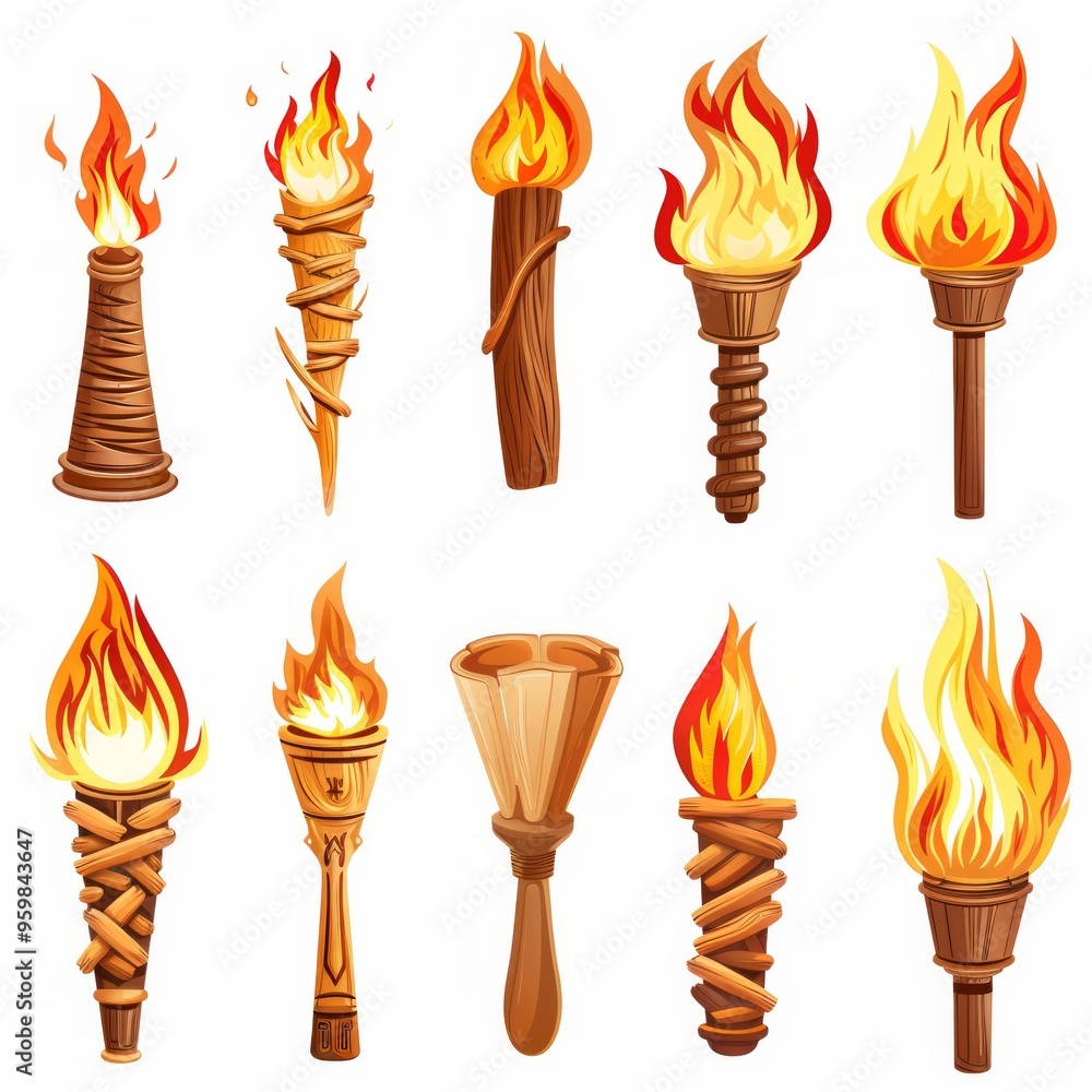 Poster set of different torch with fire on white background
