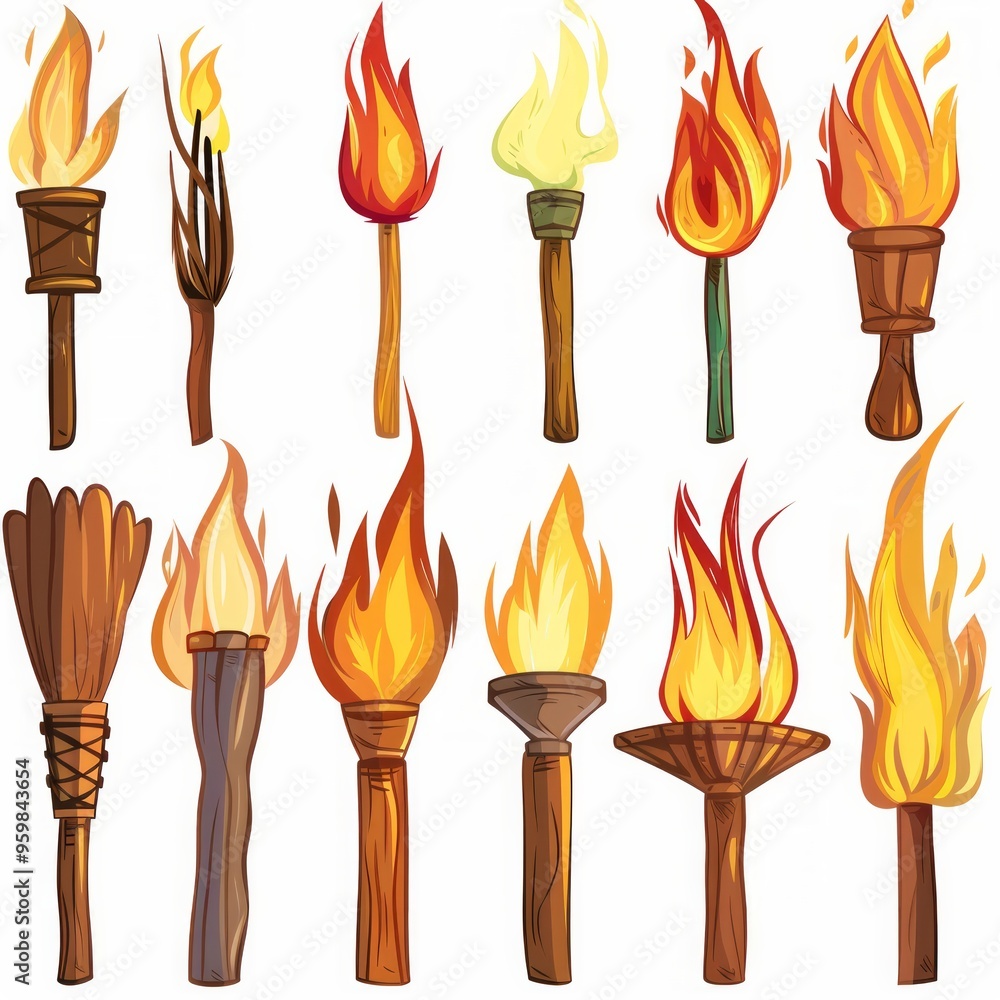 Poster set of different torch with fire on white background