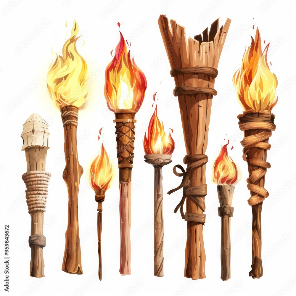 Poster set of different torch with fire on white background