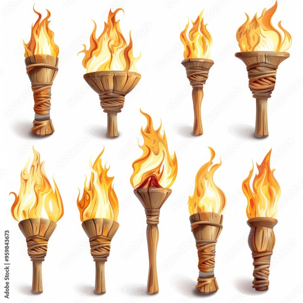 Poster set of different torch with fire on white background
