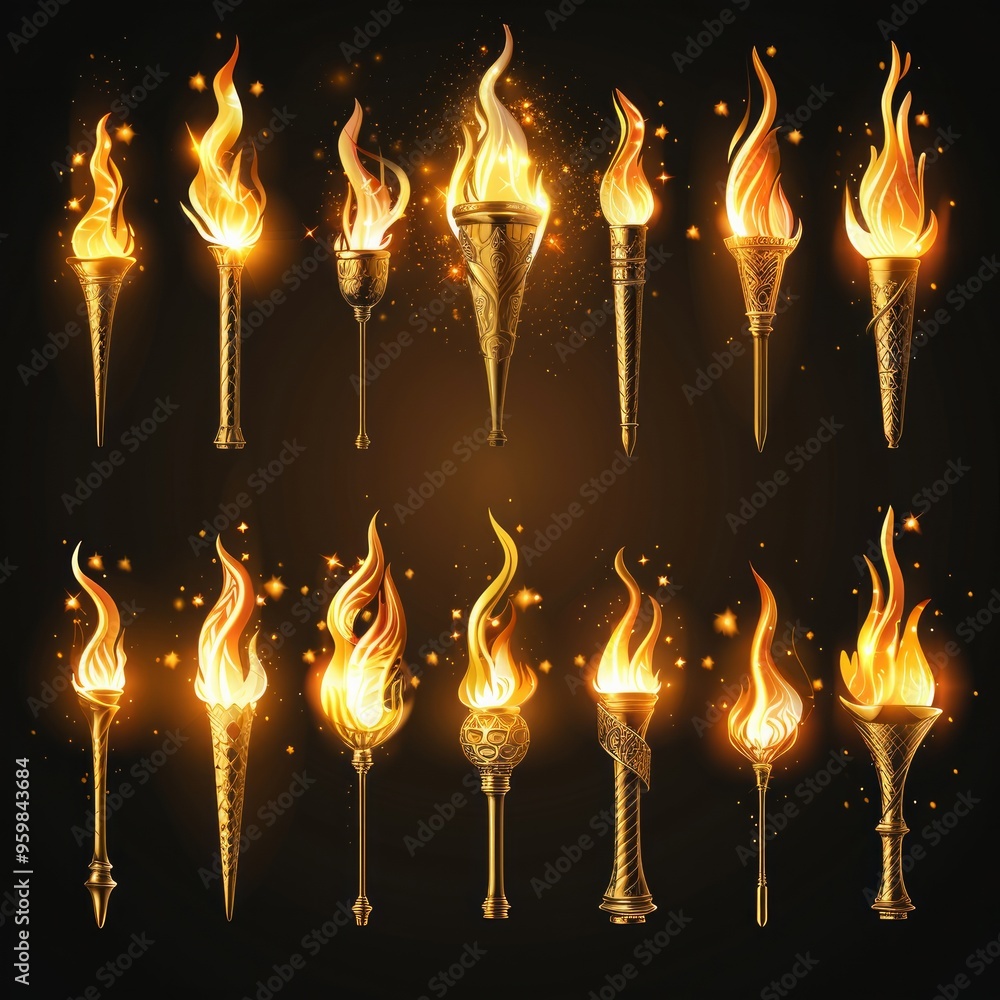 Poster set of different torch with fire on black background