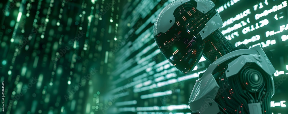 Poster futuristic robot with digital data streams, symbolizing advanced technology and artificial intellige
