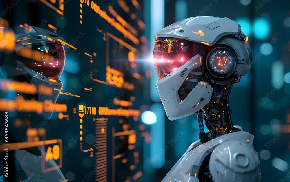 Poster futuristic robot with glowing eyes, set against a backdrop of digital data and technology, embodies 