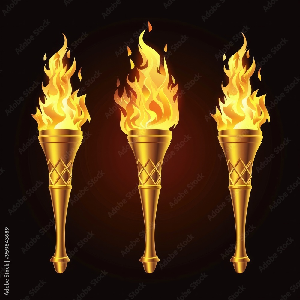 Poster set of different torch with fire on black background