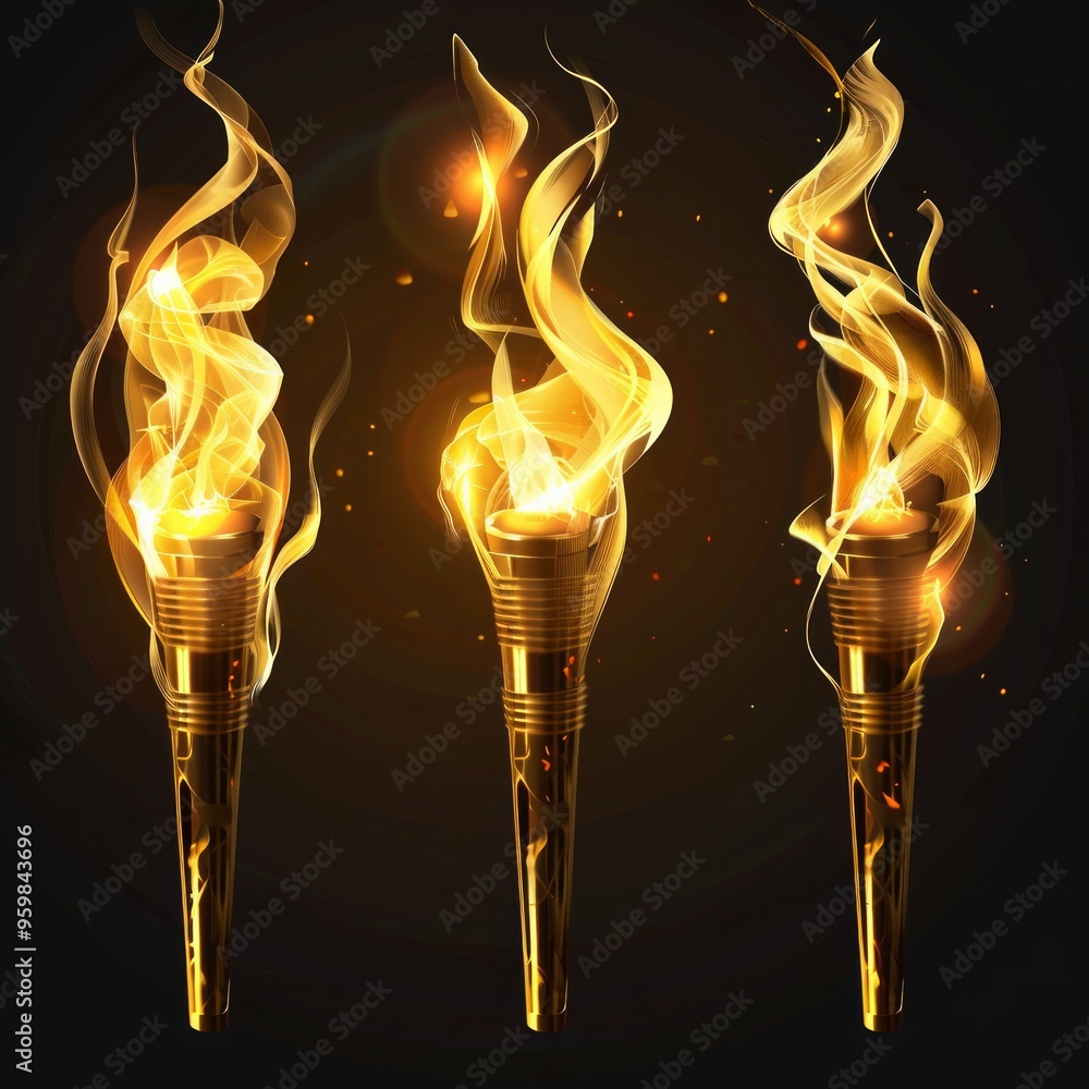 Poster set of different torch with fire on black background