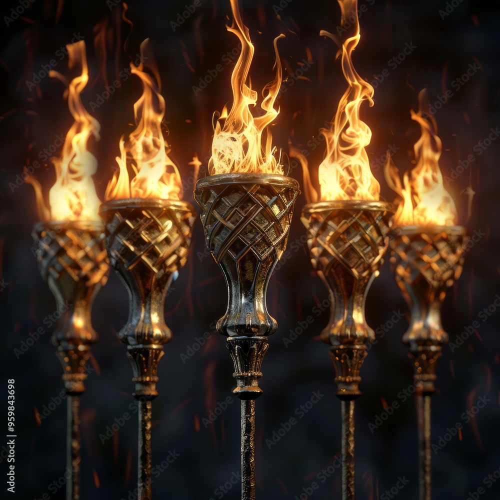 Poster set of different torch with fire on black background