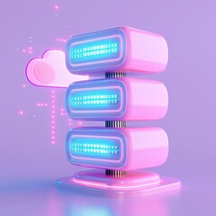 Fototapeta premium Futuristic data server with neon lights and cloud symbol in pastel tones, representing modern technology and data storage.
