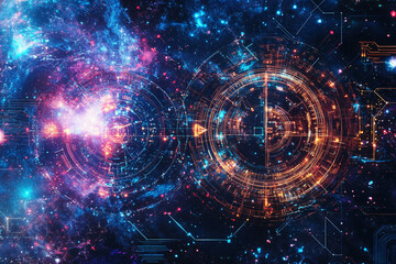 Obraz premium Futuristic digital interface with glowing elements and cosmic background illustrating advanced technology and data visualization